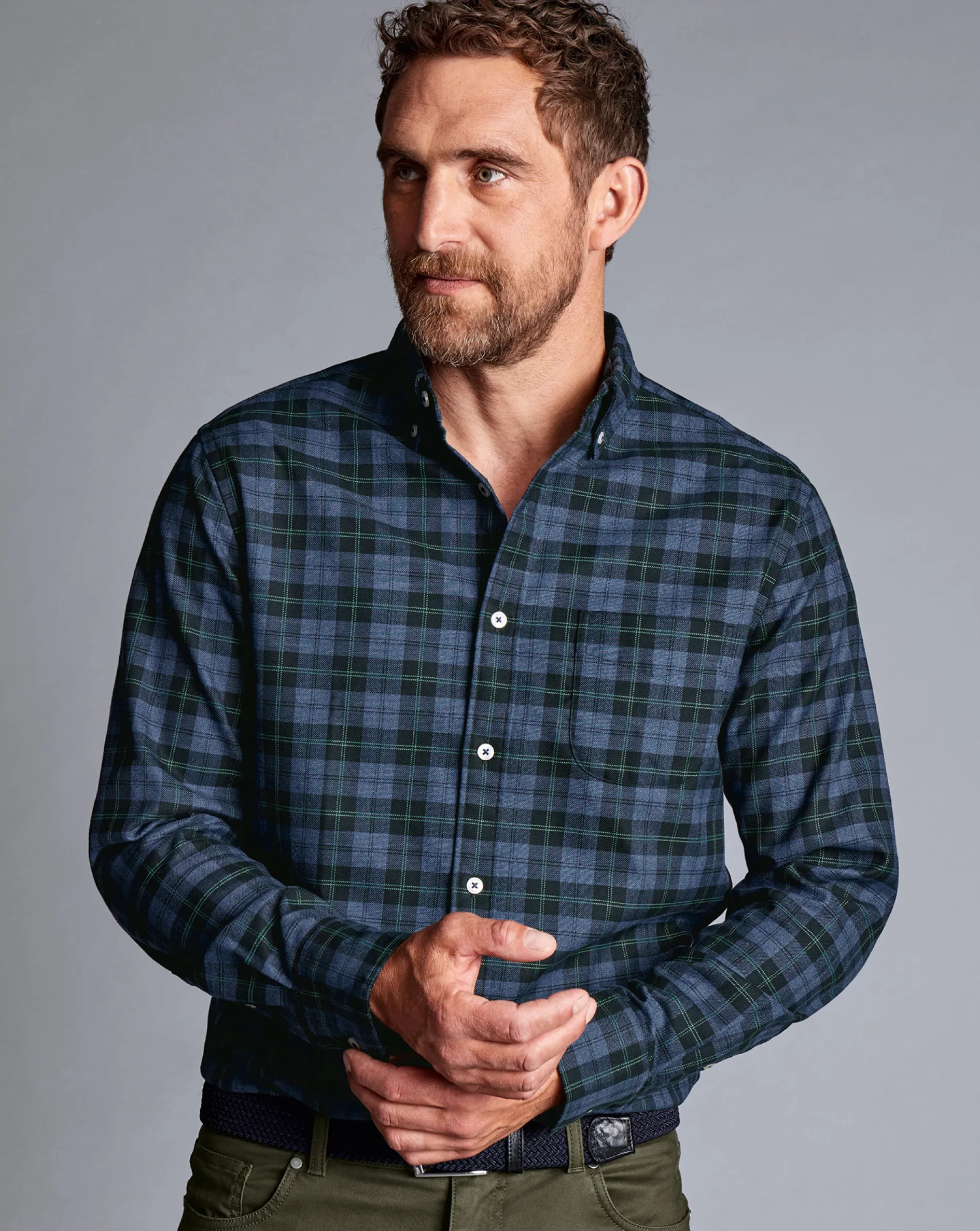 Outlet Charles Tyrwhitt Button-Down Collar Non-Iron Twill Overcheck Shirt - Green