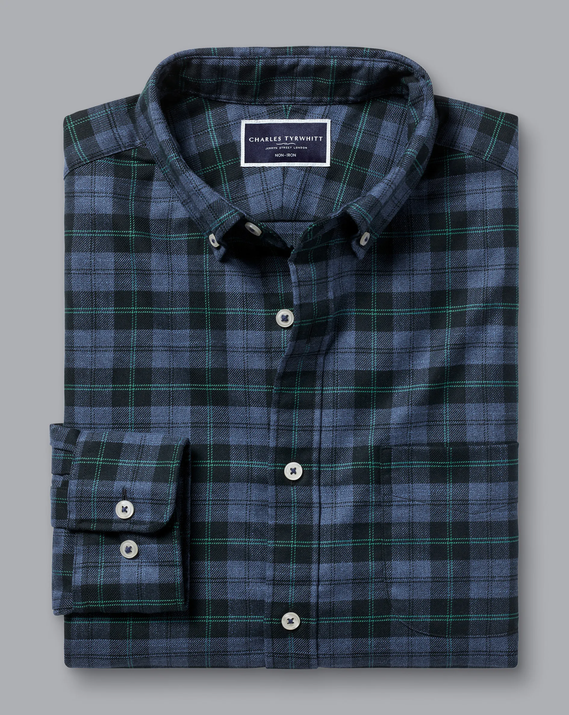 Outlet Charles Tyrwhitt Button-Down Collar Non-Iron Twill Overcheck Shirt - Green