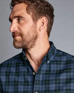 Outlet Charles Tyrwhitt Button-Down Collar Non-Iron Twill Overcheck Shirt - Green
