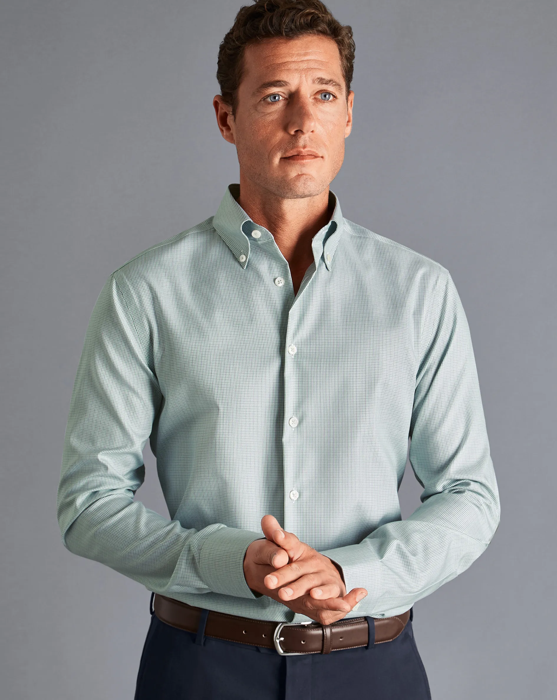 Fashion Charles Tyrwhitt Button-Down Collar Non-Iron Check Shirt - Pale Teal Green