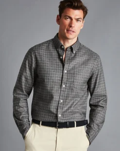 Clearance Charles Tyrwhitt Button-Down Collar Non-Iron Twill Windowpane Check Shirt - Charcoal Grey