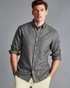 Clearance Charles Tyrwhitt Button-Down Collar Non-Iron Twill Windowpane Check Shirt - Charcoal Grey