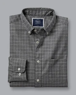 Clearance Charles Tyrwhitt Button-Down Collar Non-Iron Twill Windowpane Check Shirt - Charcoal Grey