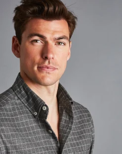 Clearance Charles Tyrwhitt Button-Down Collar Non-Iron Twill Windowpane Check Shirt - Charcoal Grey