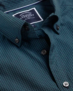 Shop Charles Tyrwhitt Button-Down Collar Non-Iron Stretch Poplin Mini Gingham Check Shirt - Teal Green