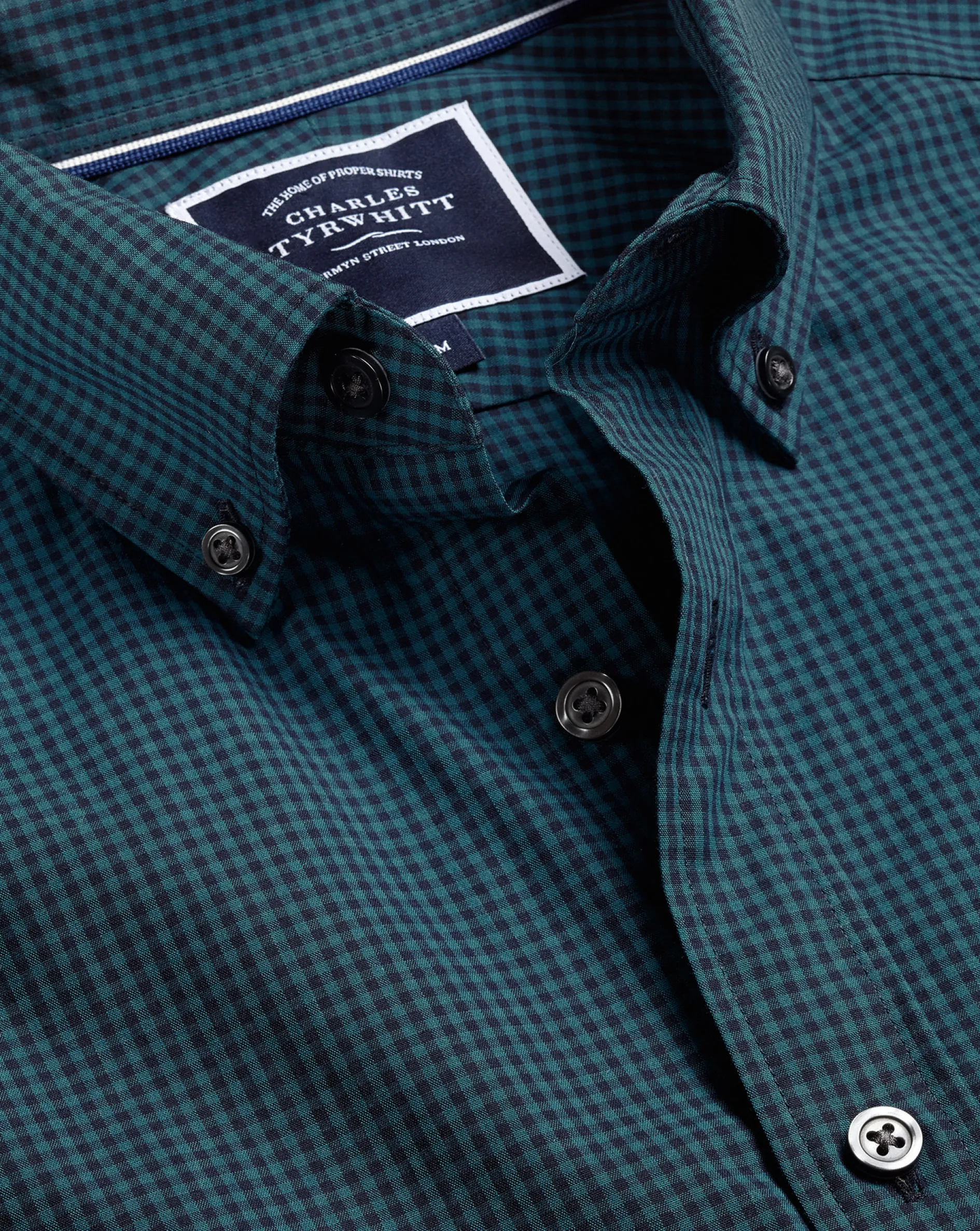 Shop Charles Tyrwhitt Button-Down Collar Non-Iron Stretch Poplin Mini Gingham Check Shirt - Teal Green