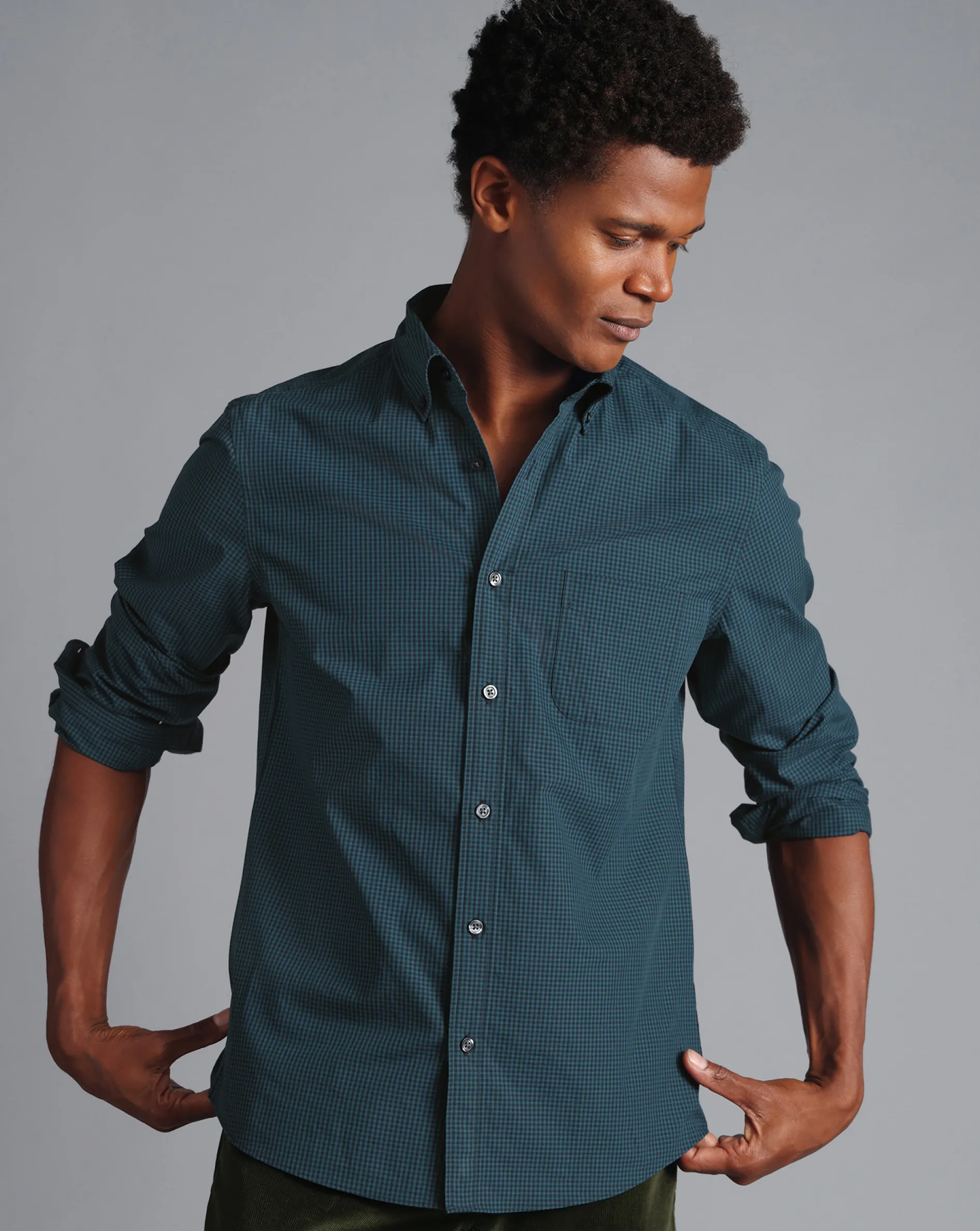 Shop Charles Tyrwhitt Button-Down Collar Non-Iron Stretch Poplin Mini Gingham Check Shirt - Teal Green