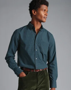 Shop Charles Tyrwhitt Button-Down Collar Non-Iron Stretch Poplin Mini Gingham Check Shirt - Teal Green