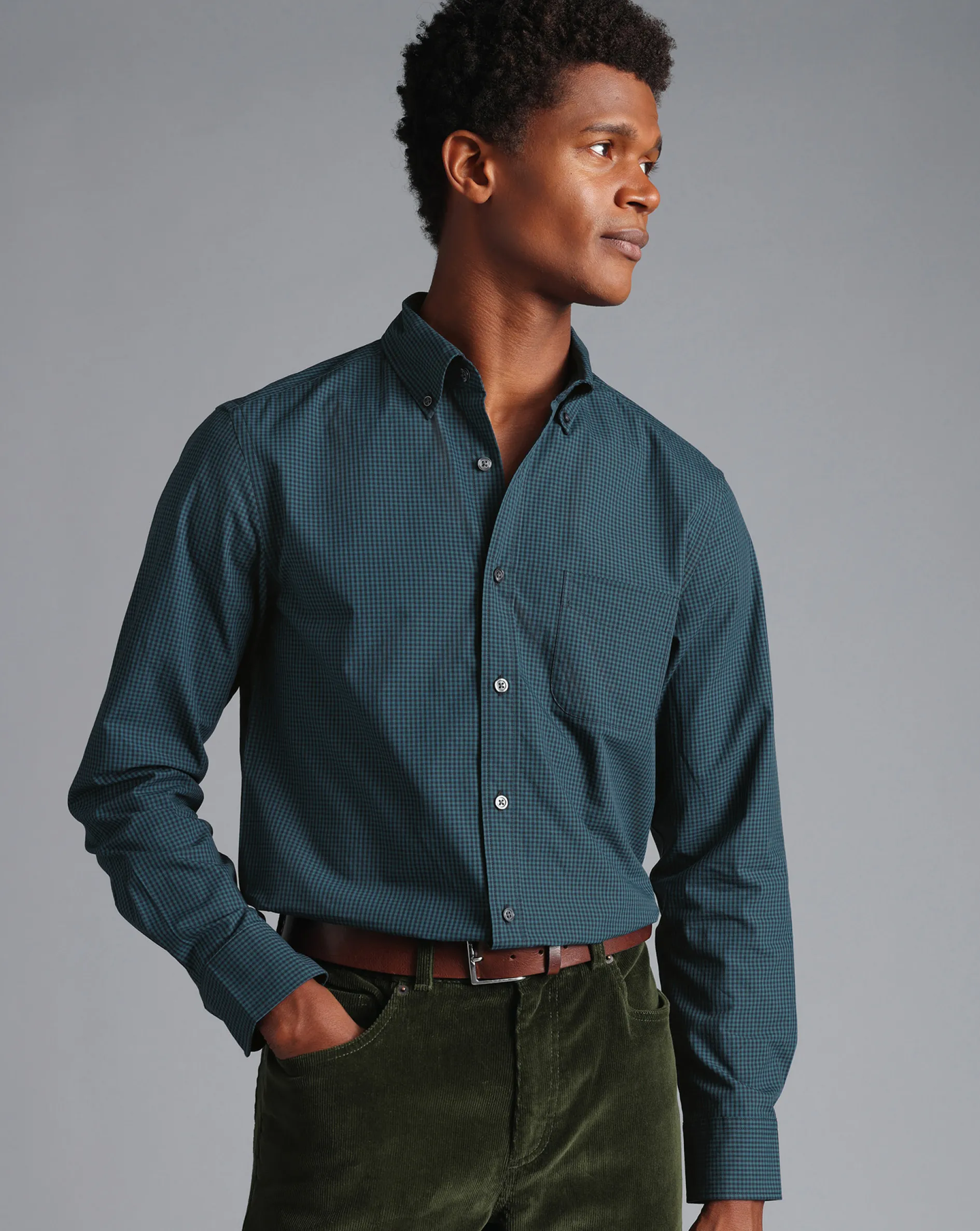 Shop Charles Tyrwhitt Button-Down Collar Non-Iron Stretch Poplin Mini Gingham Check Shirt - Teal Green