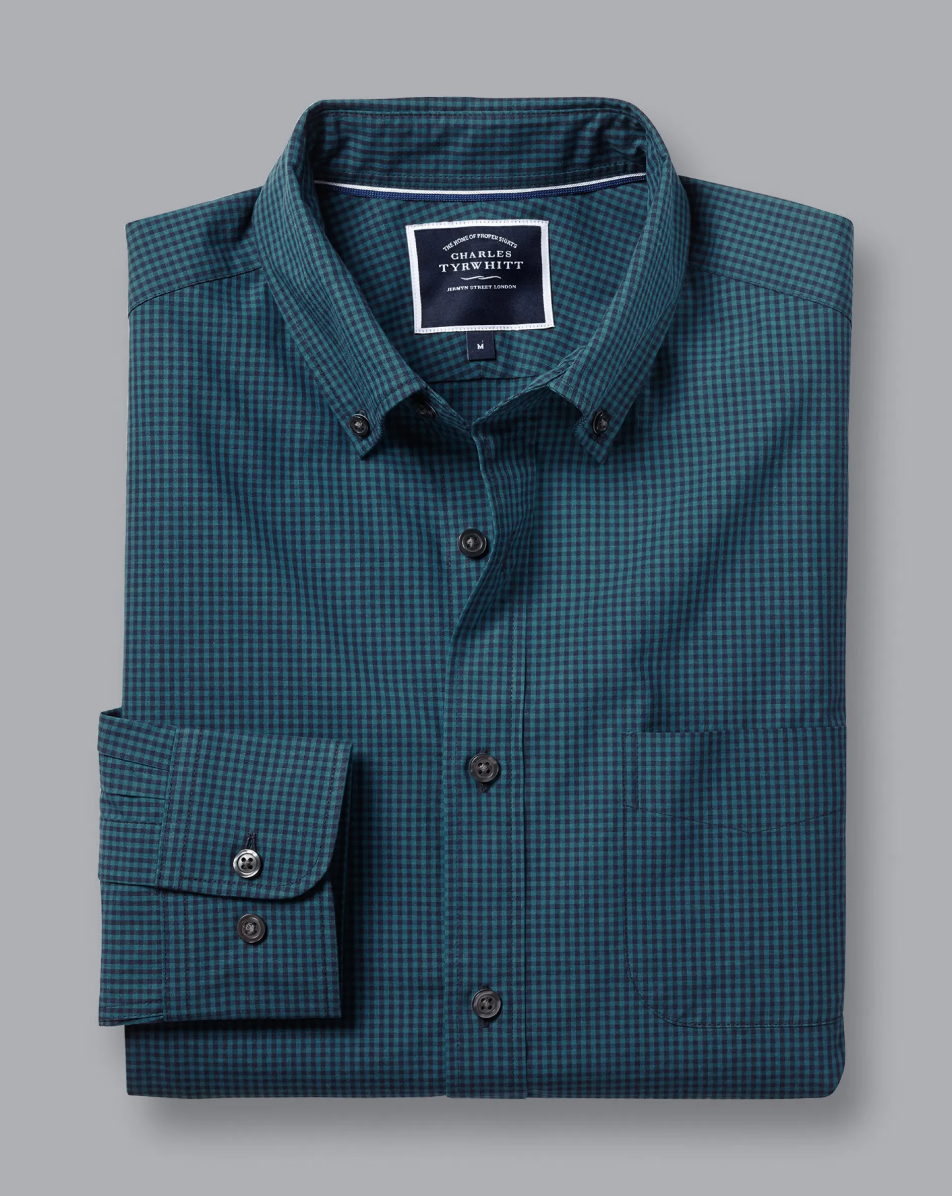 Shop Charles Tyrwhitt Button-Down Collar Non-Iron Stretch Poplin Mini Gingham Check Shirt - Teal Green