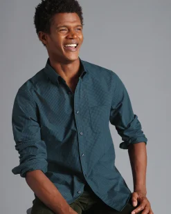 Shop Charles Tyrwhitt Button-Down Collar Non-Iron Stretch Poplin Mini Gingham Check Shirt - Teal Green
