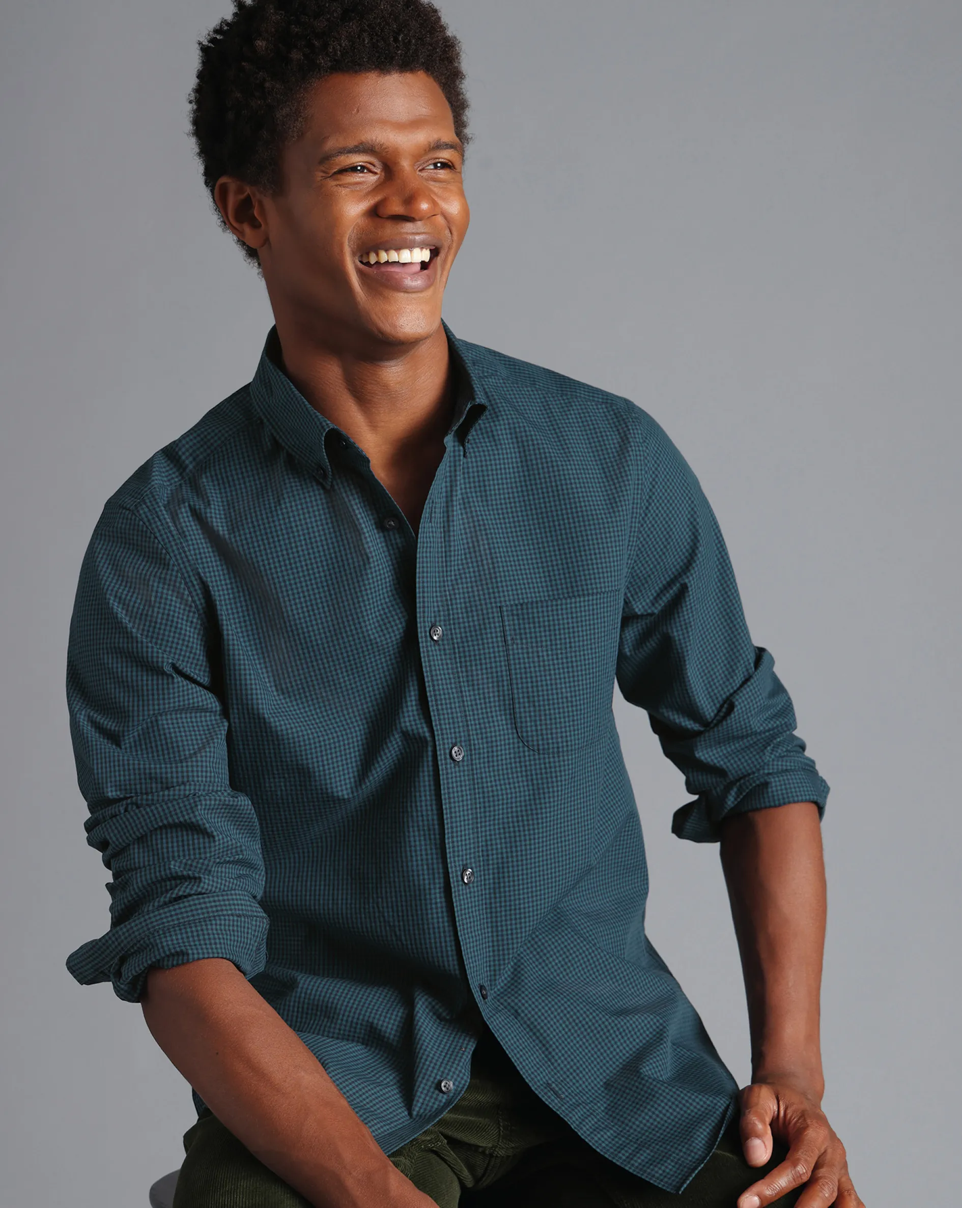 Shop Charles Tyrwhitt Button-Down Collar Non-Iron Stretch Poplin Mini Gingham Check Shirt - Teal Green