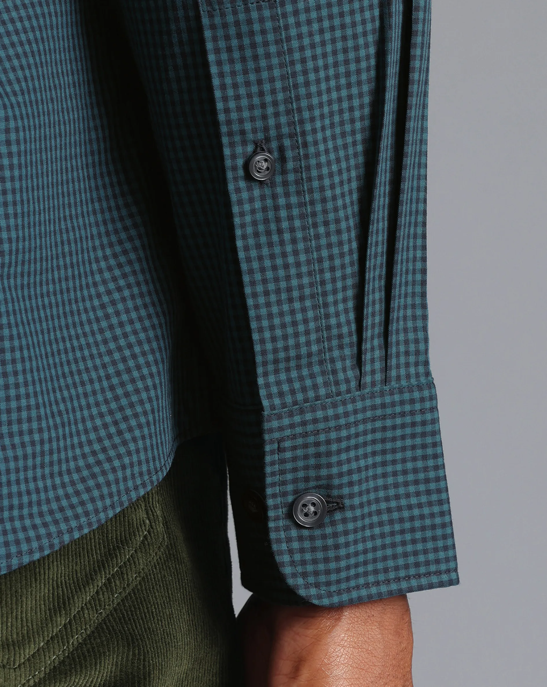 Shop Charles Tyrwhitt Button-Down Collar Non-Iron Stretch Poplin Mini Gingham Check Shirt - Teal Green