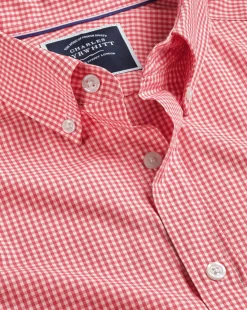Online Charles Tyrwhitt Button-Down Collar Non-Iron Stretch Poplin Mini Gingham Short Sleeve Shirt - Bright Pink