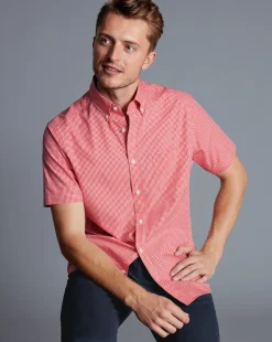 Online Charles Tyrwhitt Button-Down Collar Non-Iron Stretch Poplin Mini Gingham Short Sleeve Shirt - Bright Pink
