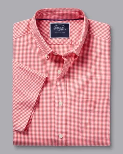 Online Charles Tyrwhitt Button-Down Collar Non-Iron Stretch Poplin Mini Gingham Short Sleeve Shirt - Bright Pink