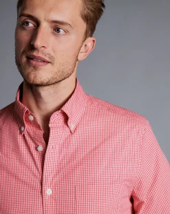 Online Charles Tyrwhitt Button-Down Collar Non-Iron Stretch Poplin Mini Gingham Short Sleeve Shirt - Bright Pink