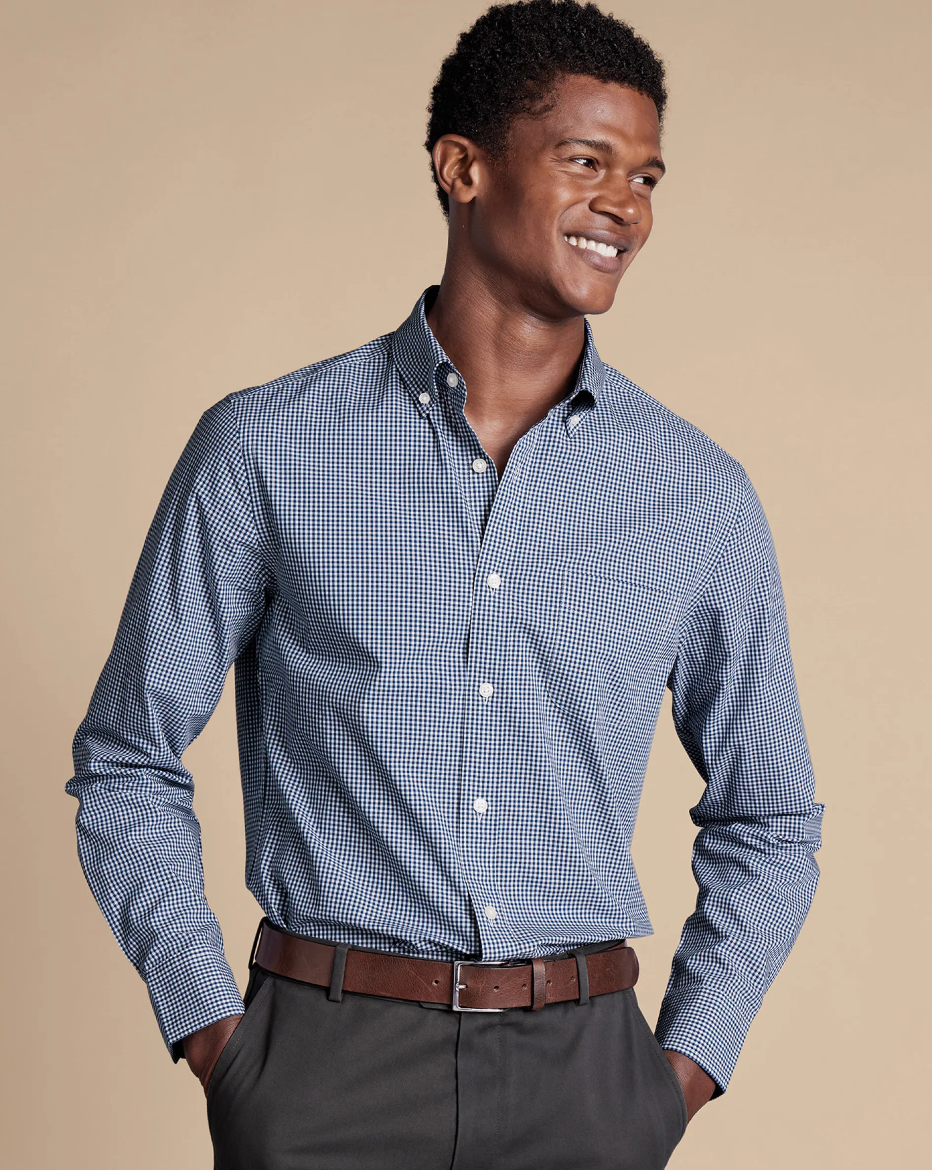 Flash Sale Charles Tyrwhitt Button-Down Collar Non-Iron Stretch Poplin Mini Gingham Check Shirt - French Blue