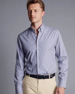 Store Charles Tyrwhitt Button-Down Collar Non-Iron Oxford Multi Check Shirt - Dark Pink