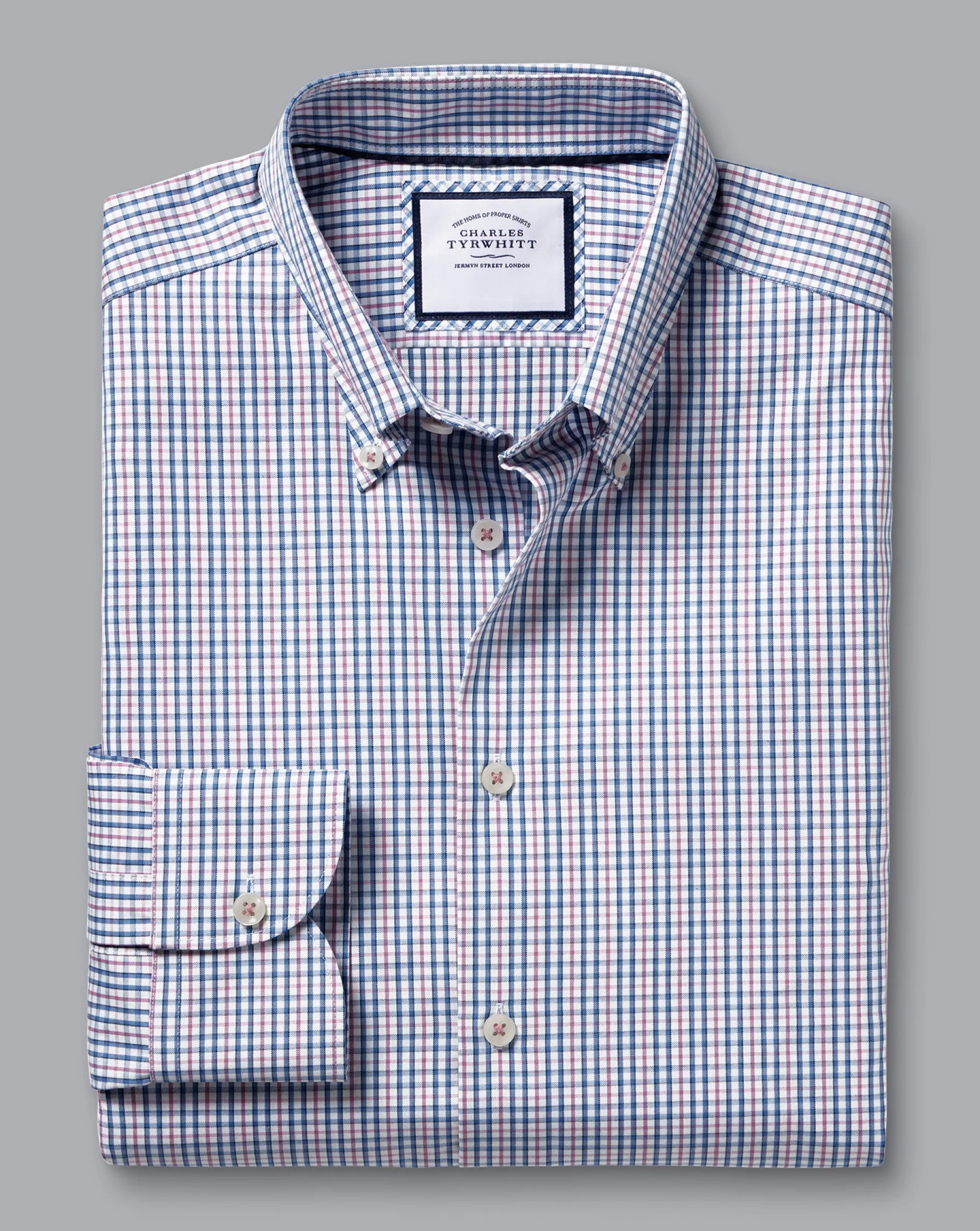 Store Charles Tyrwhitt Button-Down Collar Non-Iron Oxford Multi Check Shirt - Dark Pink