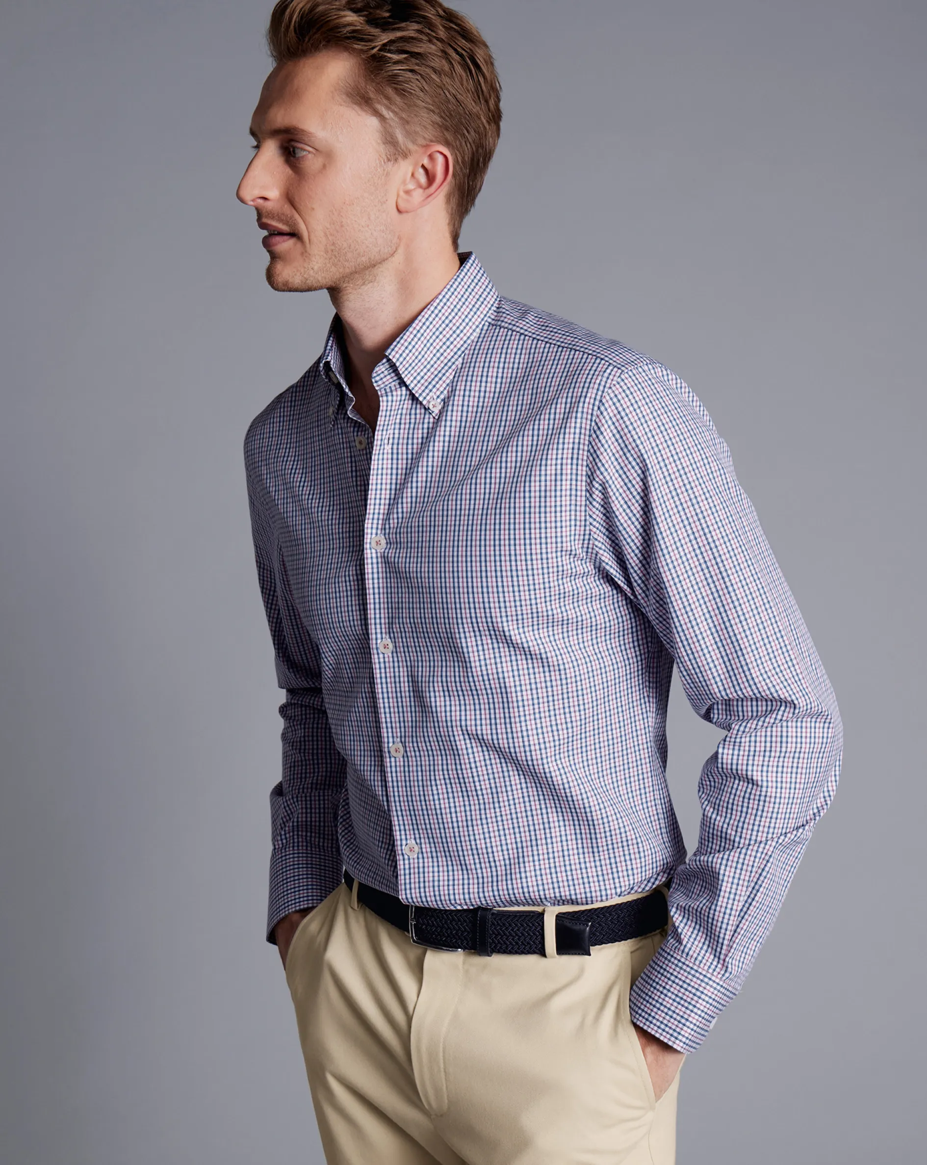 Store Charles Tyrwhitt Button-Down Collar Non-Iron Oxford Multi Check Shirt - Dark Pink
