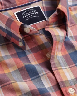 Hot Charles Tyrwhitt Button-Down Collar Non-Iron Stretch Poplin Slub Multi Check Short Sleeve Shirt - Burnt Orange