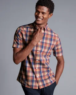 Hot Charles Tyrwhitt Button-Down Collar Non-Iron Stretch Poplin Slub Multi Check Short Sleeve Shirt - Burnt Orange