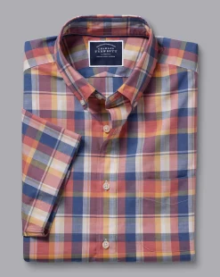 Hot Charles Tyrwhitt Button-Down Collar Non-Iron Stretch Poplin Slub Multi Check Short Sleeve Shirt - Burnt Orange