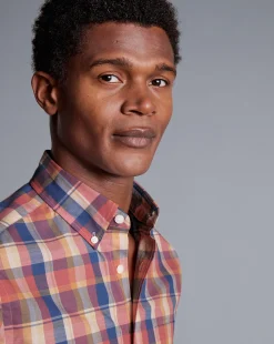 Hot Charles Tyrwhitt Button-Down Collar Non-Iron Stretch Poplin Slub Multi Check Short Sleeve Shirt - Burnt Orange