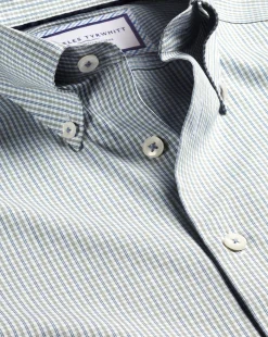 New Charles Tyrwhitt Button-Down Collar Non-Iron Oxford Twin Check Shirt - Green Olive