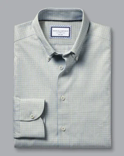 New Charles Tyrwhitt Button-Down Collar Non-Iron Oxford Twin Check Shirt - Green Olive