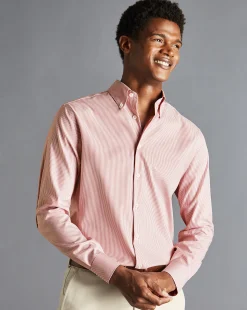 Store Charles Tyrwhitt Button-Down Collar Non-Iron Stripe Shirt - Coral Pink