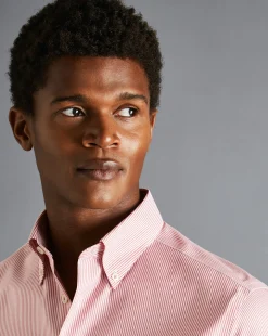 Store Charles Tyrwhitt Button-Down Collar Non-Iron Stripe Shirt - Coral Pink