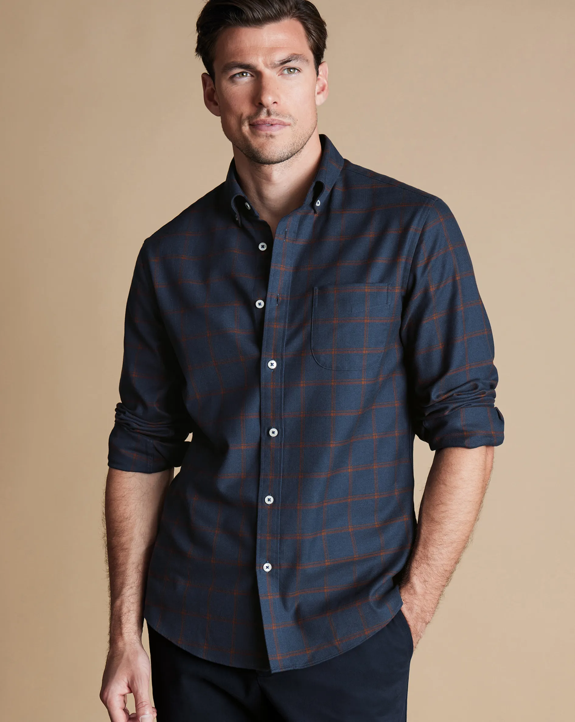 Cheap Charles Tyrwhitt Button-Down Collar Non-Iron Twill Windowpane Check Shirt - Rust & Navy Rust & Navy