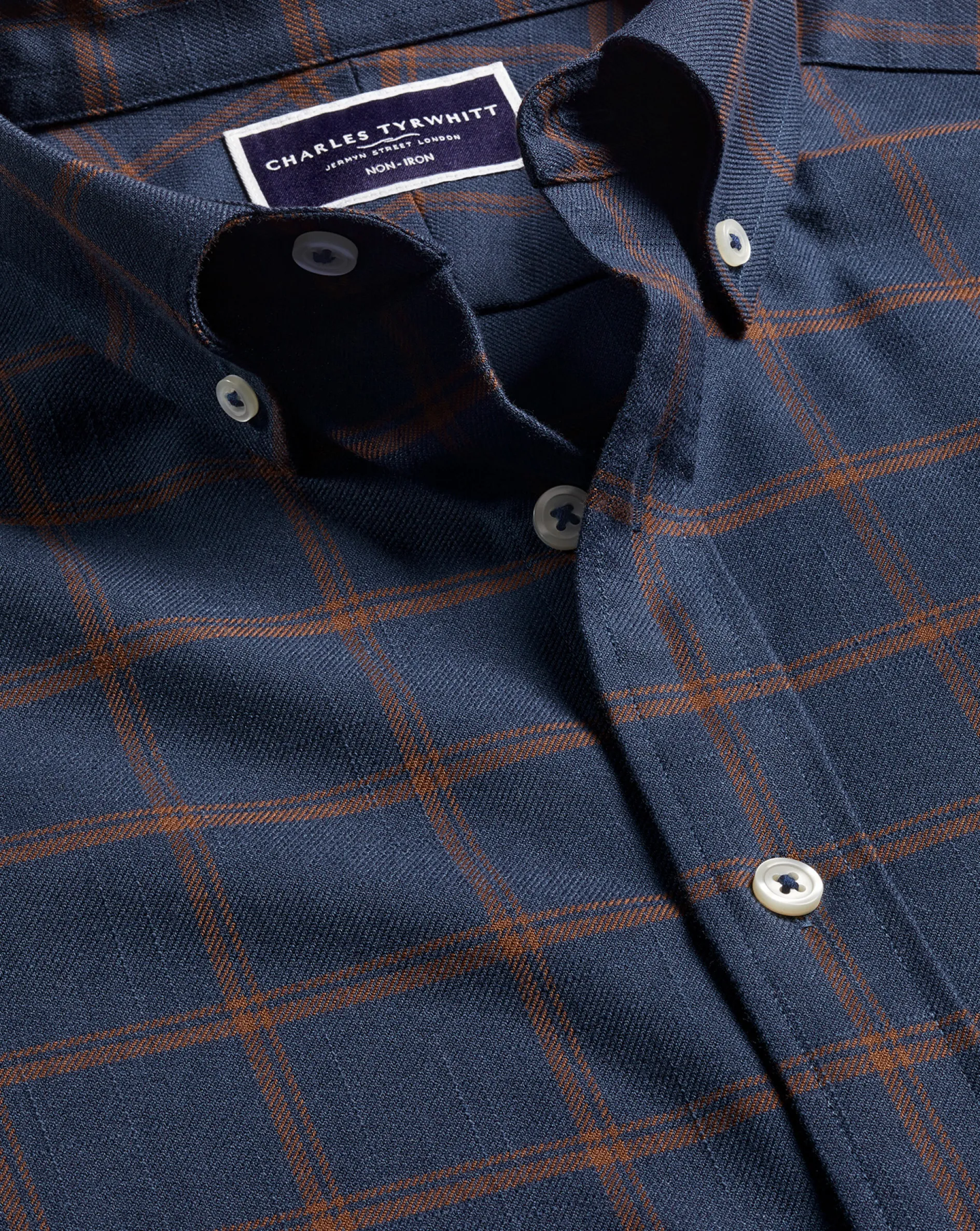 Cheap Charles Tyrwhitt Button-Down Collar Non-Iron Twill Windowpane Check Shirt - Rust & Navy Rust & Navy