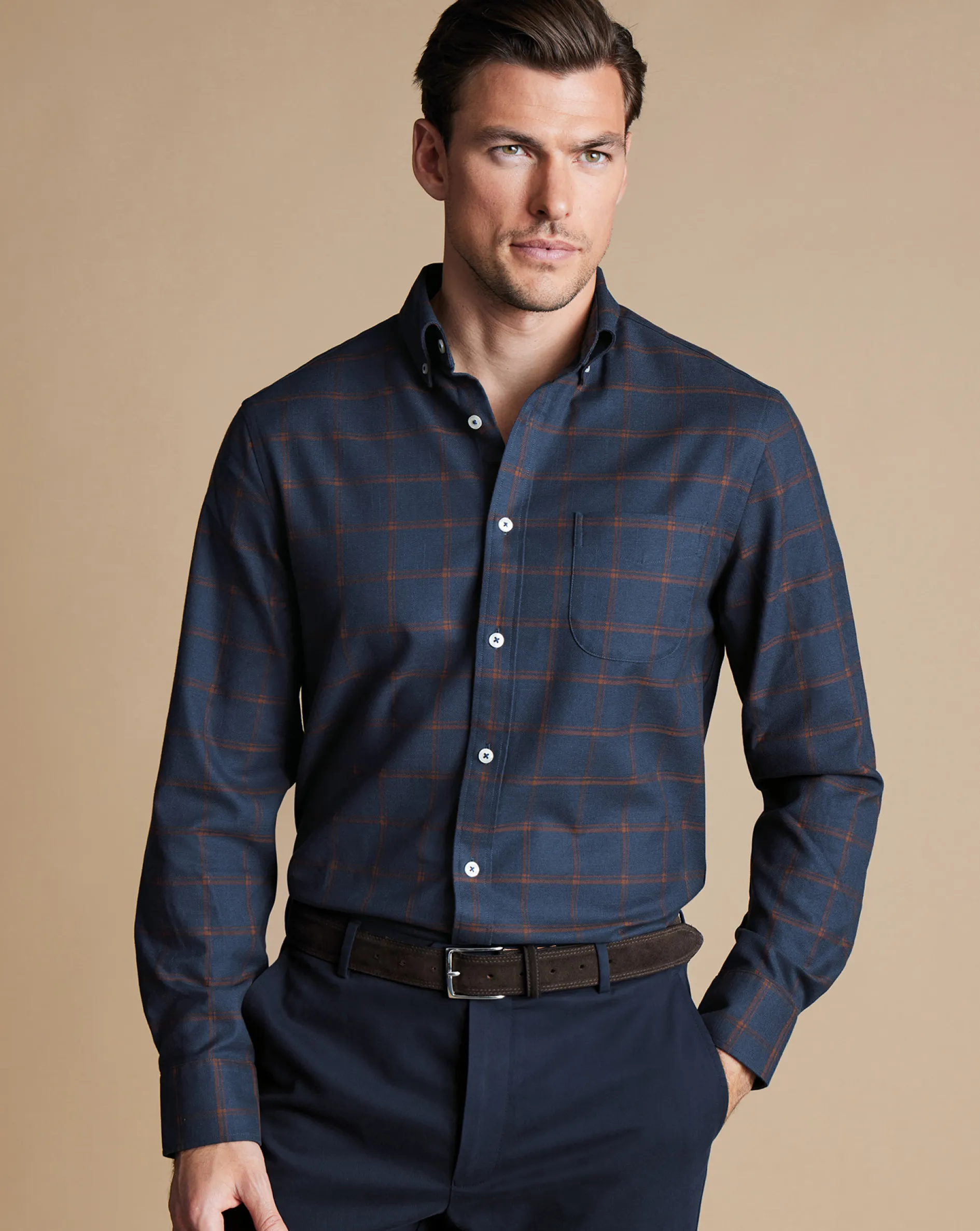 Cheap Charles Tyrwhitt Button-Down Collar Non-Iron Twill Windowpane Check Shirt - Rust & Navy Rust & Navy