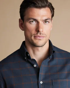 Cheap Charles Tyrwhitt Button-Down Collar Non-Iron Twill Windowpane Check Shirt - Rust & Navy Rust & Navy