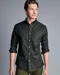 Cheap Charles Tyrwhitt Button-Down Collar Non-Iron Twill Gingham Shirt - Green Olive