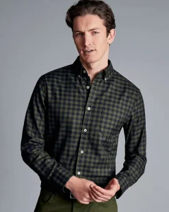 Cheap Charles Tyrwhitt Button-Down Collar Non-Iron Twill Gingham Shirt - Green Olive