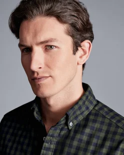 Cheap Charles Tyrwhitt Button-Down Collar Non-Iron Twill Gingham Shirt - Green Olive