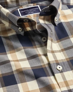 New Charles Tyrwhitt Button-Down Collar Non-Iron Twill Large Check Shirt - Sand