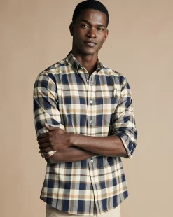 New Charles Tyrwhitt Button-Down Collar Non-Iron Twill Large Check Shirt - Sand