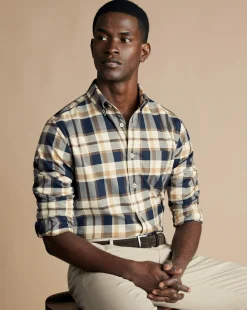 New Charles Tyrwhitt Button-Down Collar Non-Iron Twill Large Check Shirt - Sand
