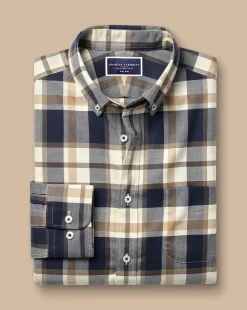 New Charles Tyrwhitt Button-Down Collar Non-Iron Twill Large Check Shirt - Sand