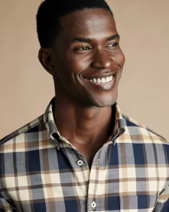 New Charles Tyrwhitt Button-Down Collar Non-Iron Twill Large Check Shirt - Sand