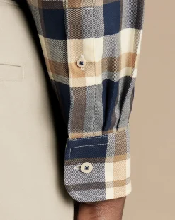 New Charles Tyrwhitt Button-Down Collar Non-Iron Twill Large Check Shirt - Sand