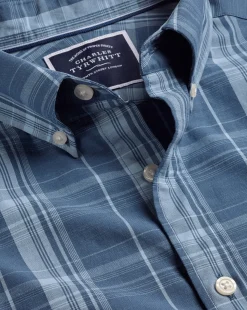 Fashion Charles Tyrwhitt Button-Down Collar Non-Iron Stretch Poplin Slub Check Shirt - Steel Blue