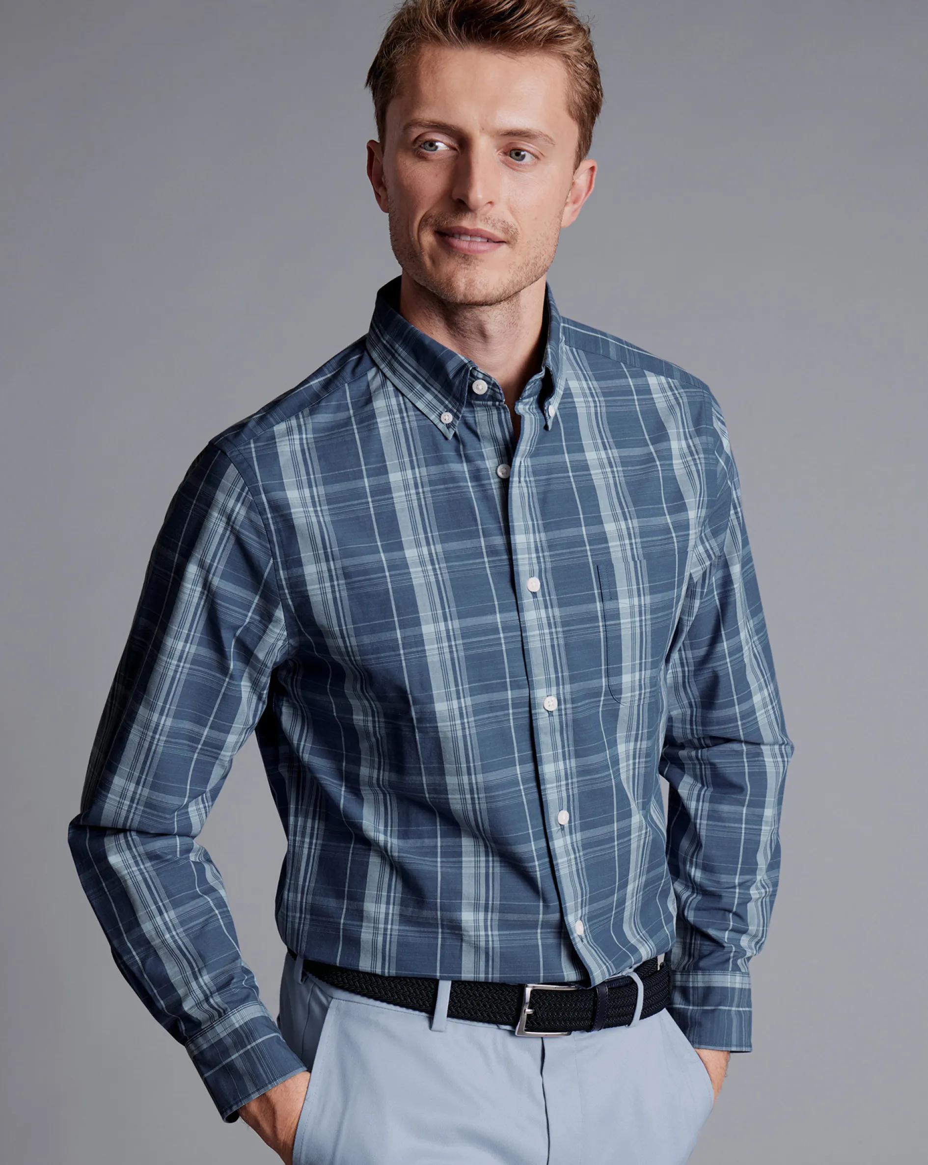 Fashion Charles Tyrwhitt Button-Down Collar Non-Iron Stretch Poplin Slub Check Shirt - Steel Blue