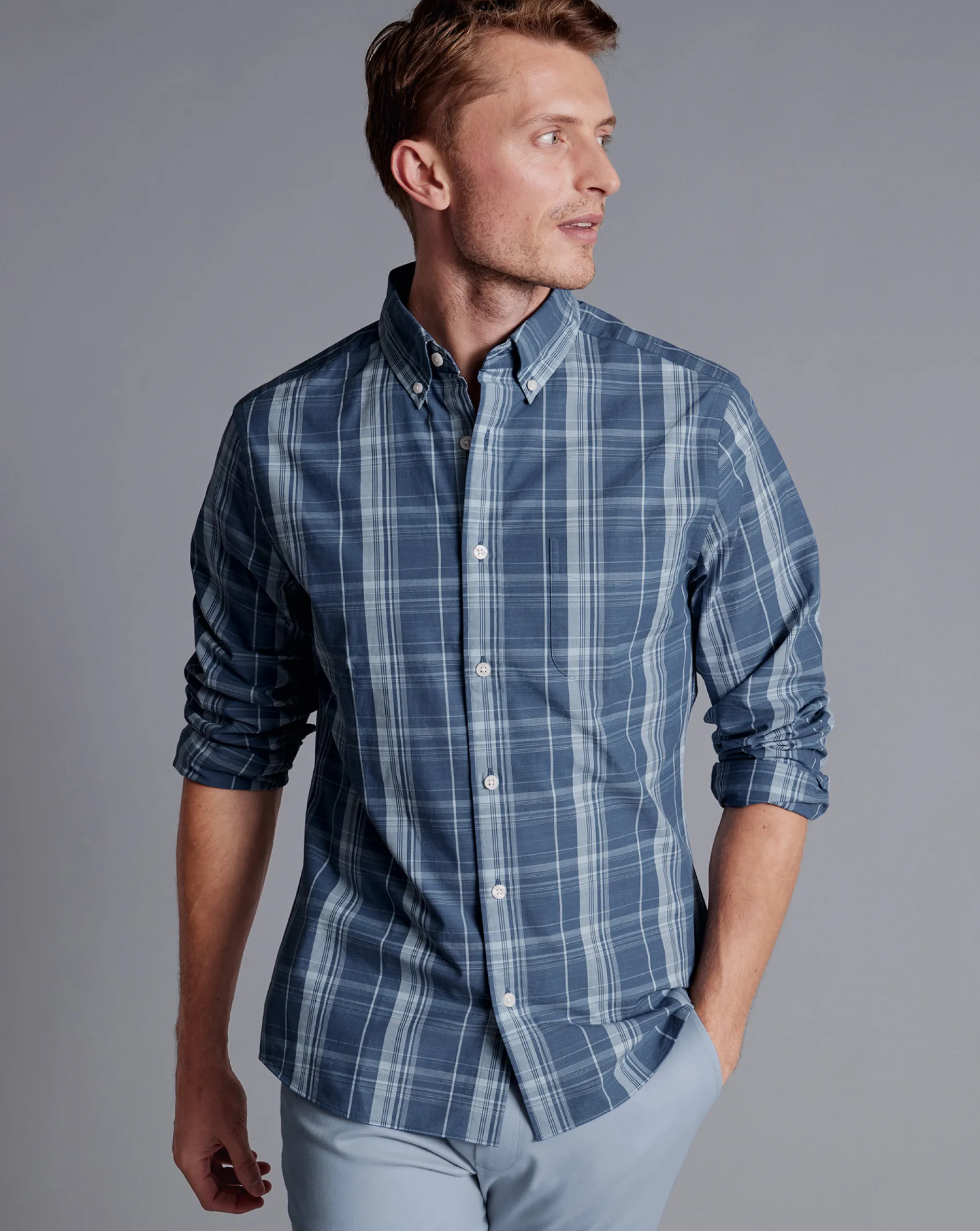 Fashion Charles Tyrwhitt Button-Down Collar Non-Iron Stretch Poplin Slub Check Shirt - Steel Blue