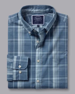 Fashion Charles Tyrwhitt Button-Down Collar Non-Iron Stretch Poplin Slub Check Shirt - Steel Blue